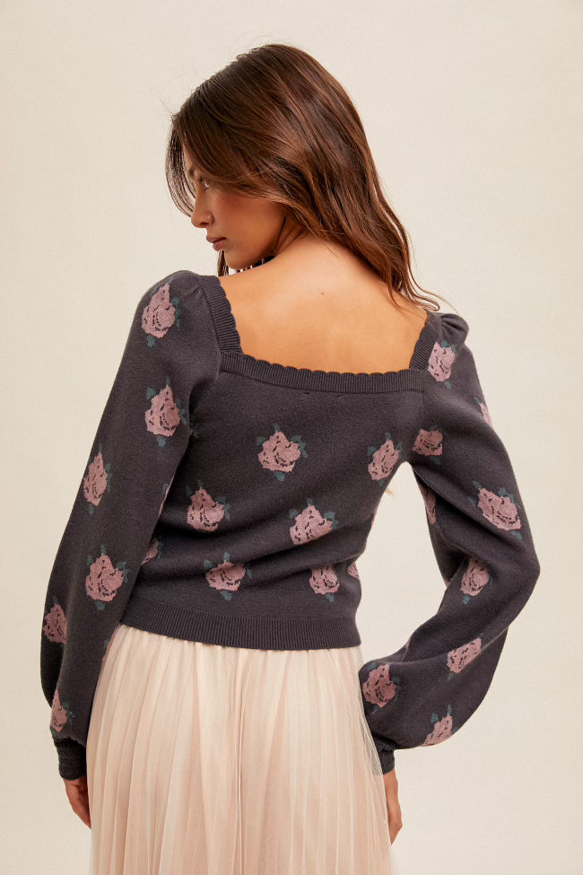 Square Neck Puff Sleeve Floral Sweater