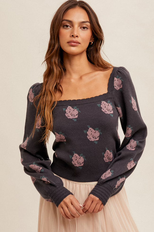 Square Neck Puff Sleeve Floral Sweater