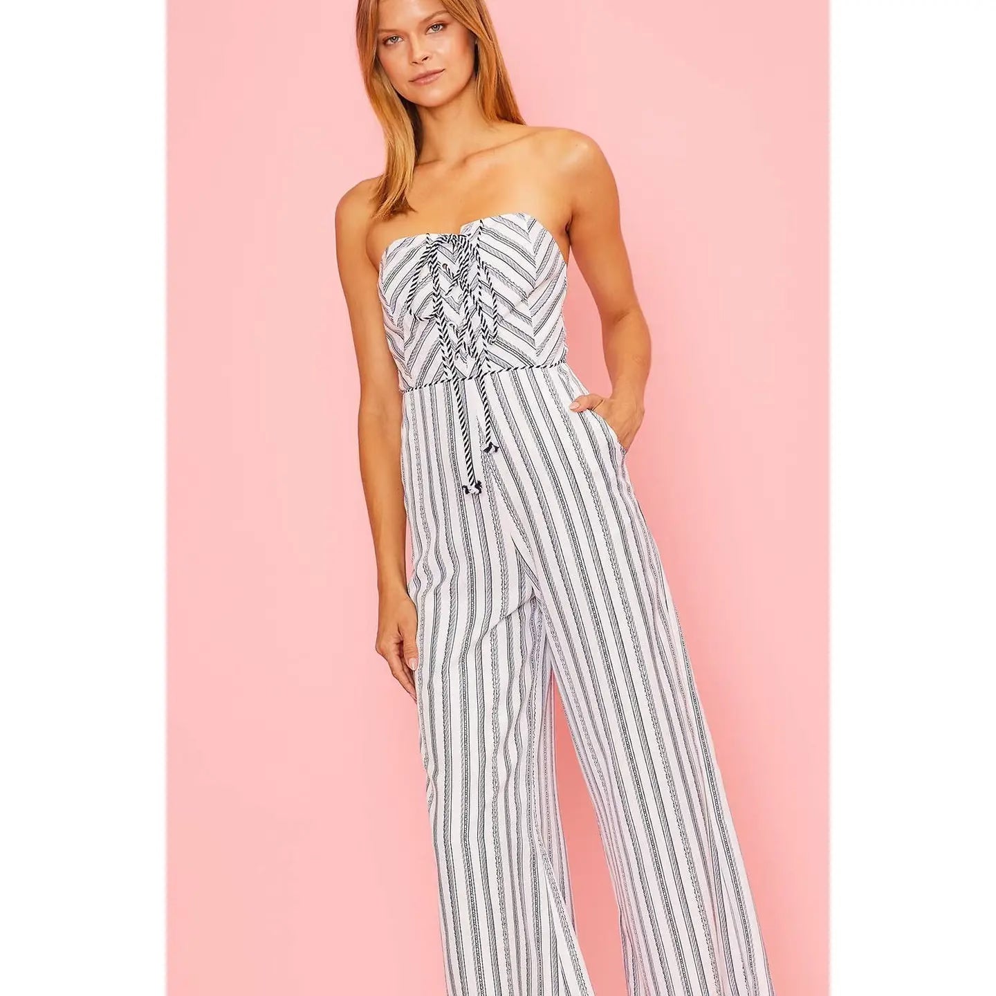 Strapless Front Cross Tie Stripe Jumpsuit