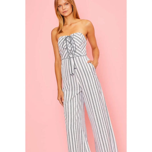 Strapless Front Cross Tie Stripe Jumpsuit