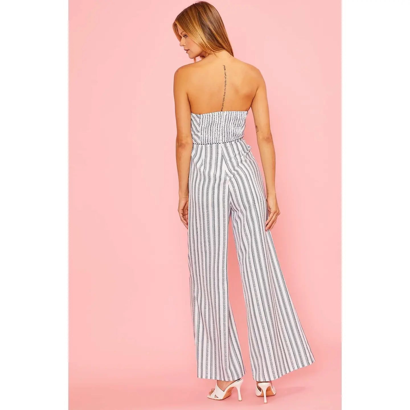 Strapless Front Cross Tie Stripe Jumpsuit