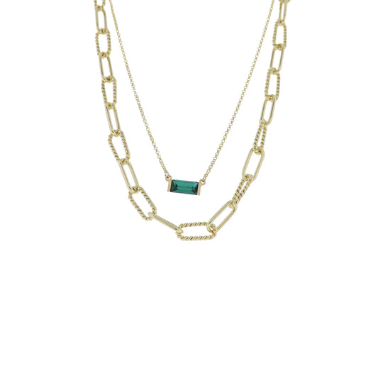 Gold 2 Layer Oval Link, Rolo Chain Necklace with Emerald Crystal Rectangle