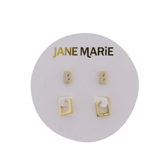 18K Gold Plated Clear Crystal "E" Initial Set of 2, Gold Square Huggie Earring