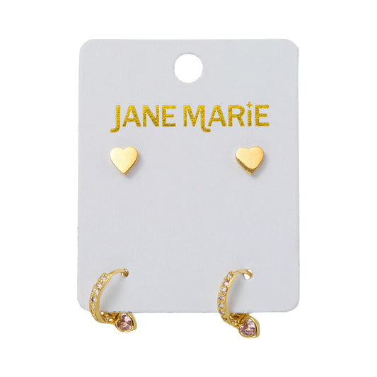 18K Gold Plated Set of 2, Heart with Pink Crystal Heart Huggie Earring