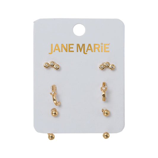 Set of 3 Earrings, 3 Clear Crystals, Crystal Faux Huggie, Gold Ball with Gold Ball Jacket