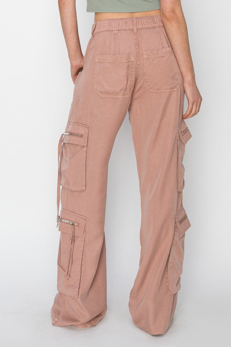 High Rise-Ankle Wide-Tencel-Multi Cargo Pocket Pants