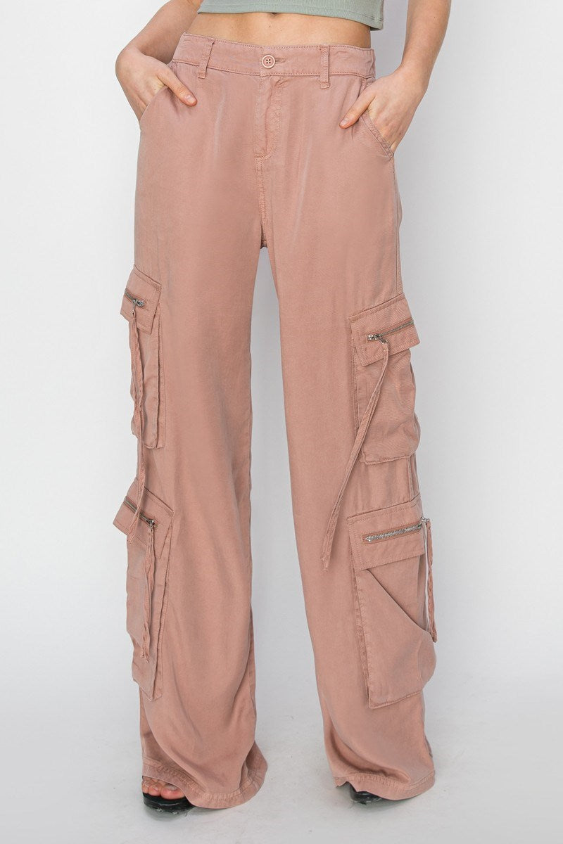 High Rise-Ankle Wide-Tencel-Multi Cargo Pocket Pants