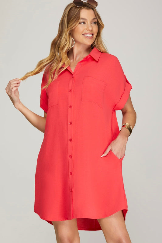 Drop Shoulder Button Up Woven Shirt Dress With Pockets