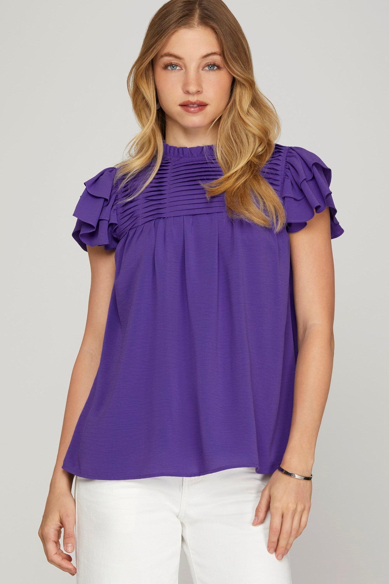 Ruffle Sleeve Pleated York Woven Top