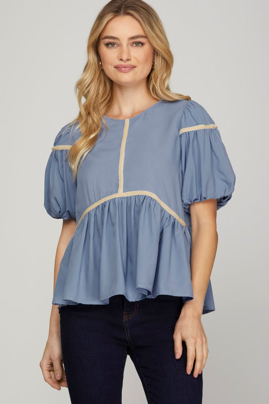 Short Sleeve Trim Detail Woven Top