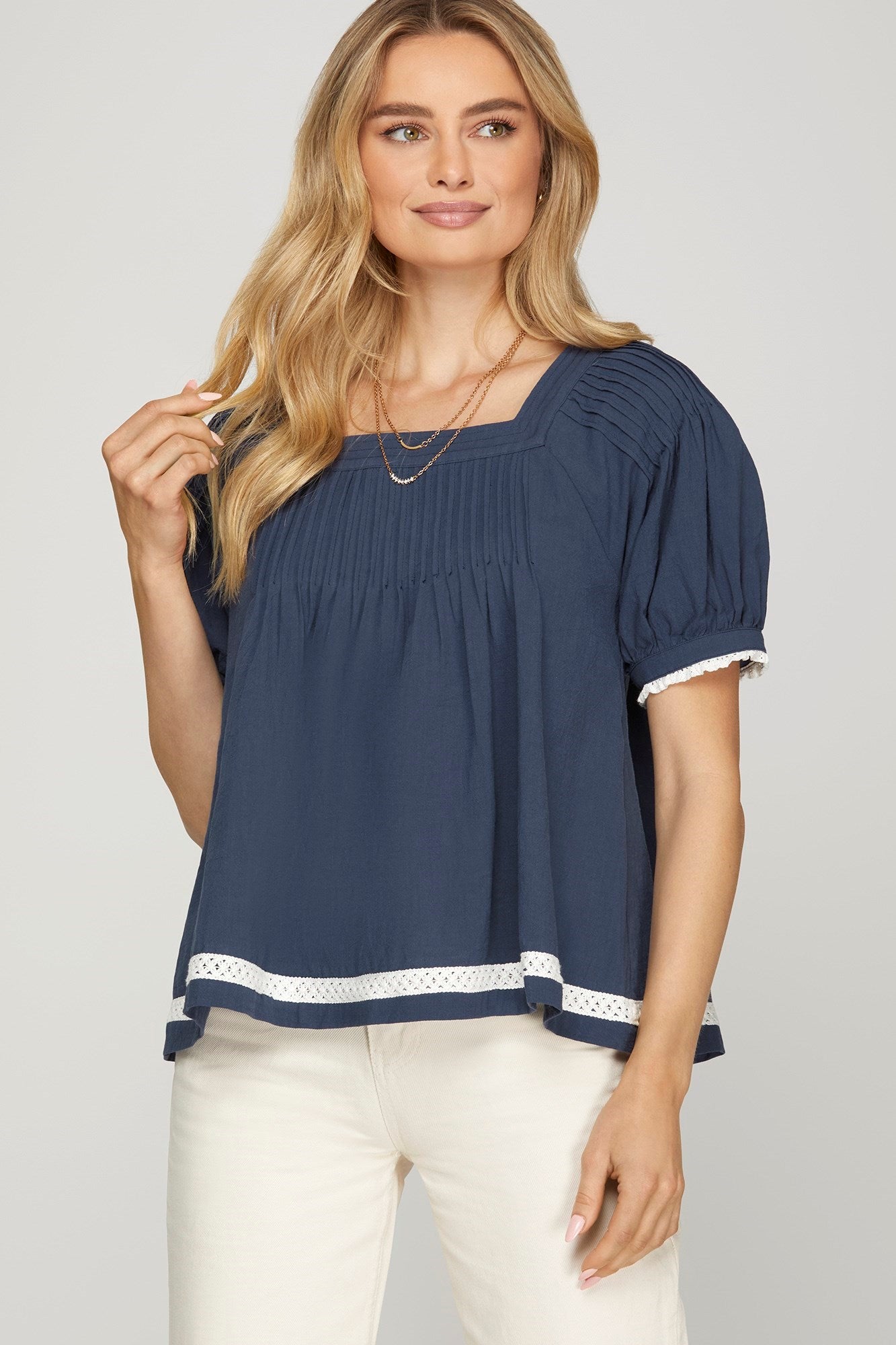 Half Sleeve Pintuck Woven Top with Lace Trim