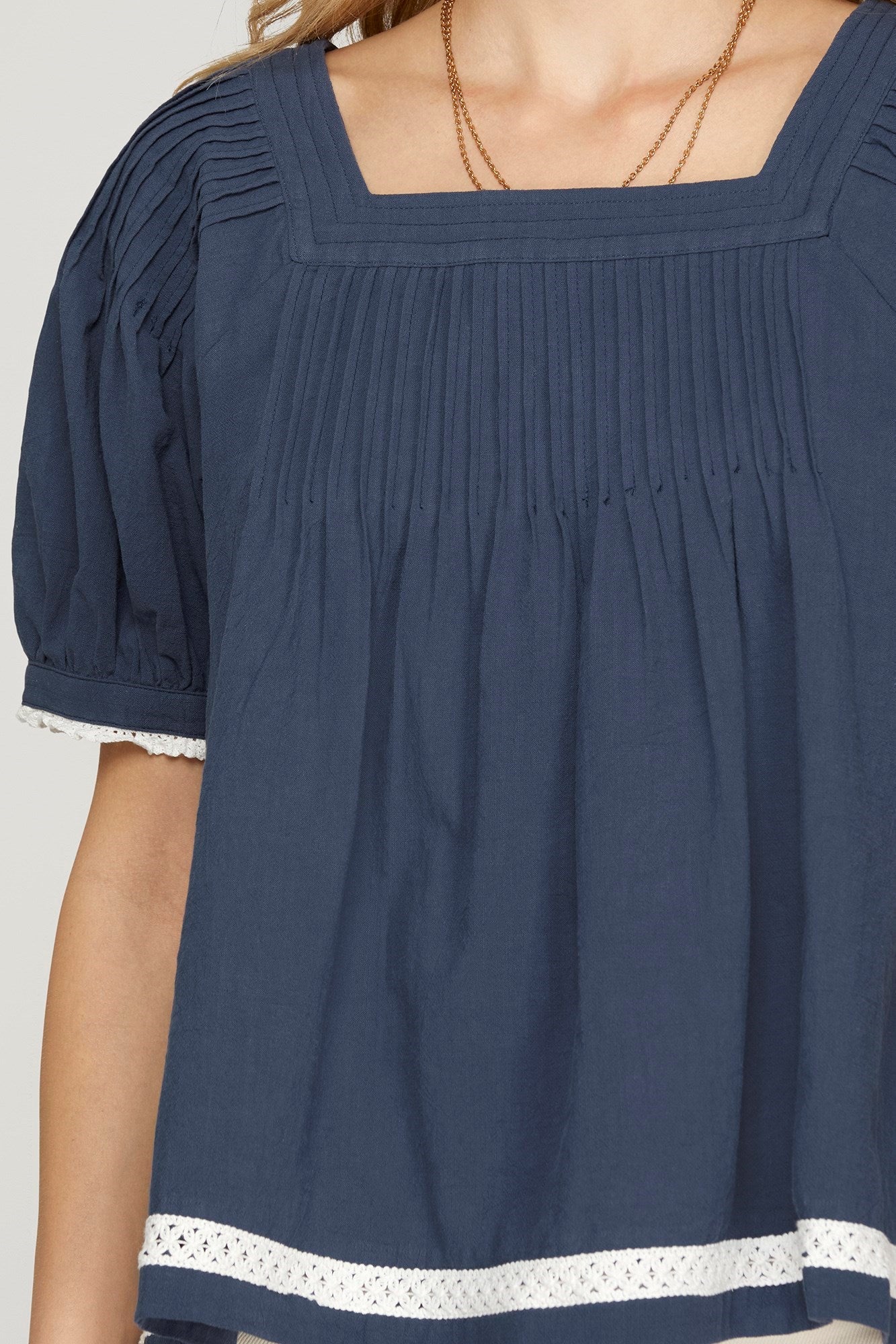 Half Sleeve Pintuck Woven Top with Lace Trim