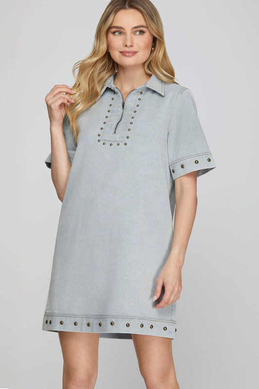 Studed Washed Mini Dress With Pockets