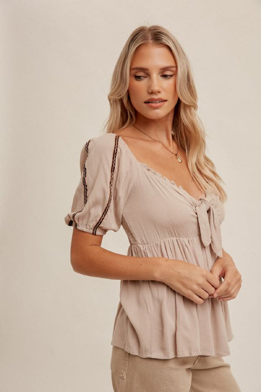 Bubble Sleeve Tie Front Babydoll Top