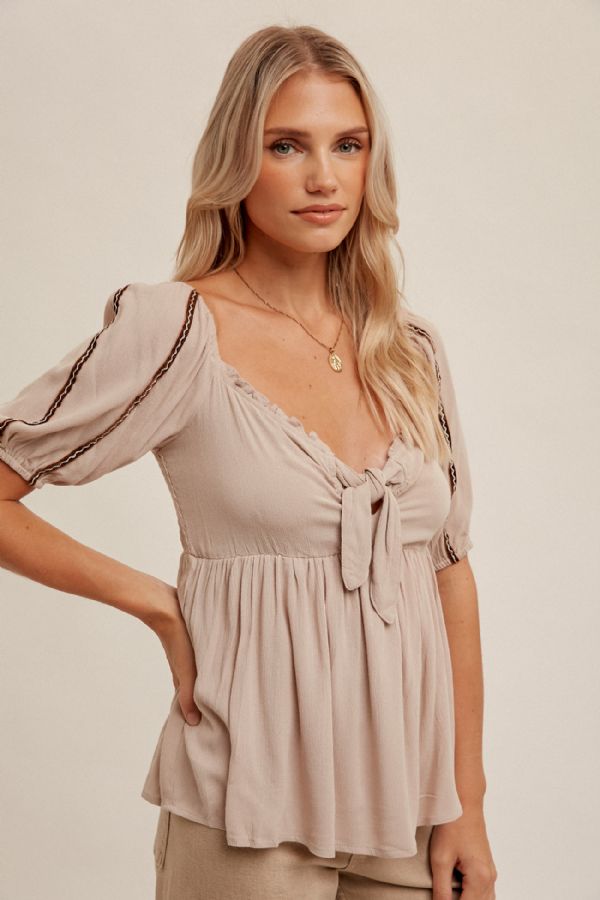 Bubble Sleeve Tie Front Babydoll Top