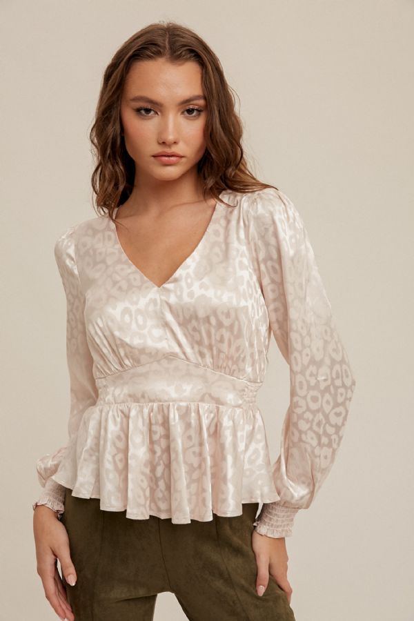 Satin V-Neck Smocked Waist Flared Animal Print Blouse