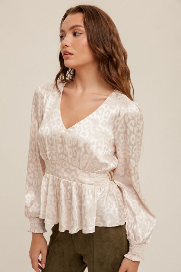 Satin V-Neck Smocked Waist Flared Animal Print Blouse