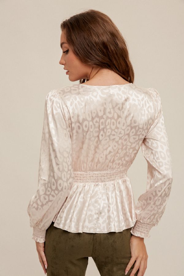 Satin V-Neck Smocked Waist Flared Animal Print Blouse
