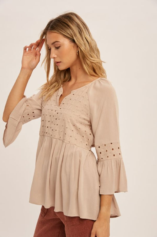 Eyelet Lace Peplum Back Tie Blouse