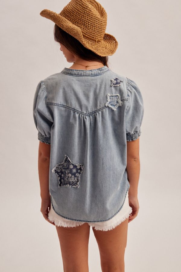 Vandana Print Patch Back Puff Denim Blouse