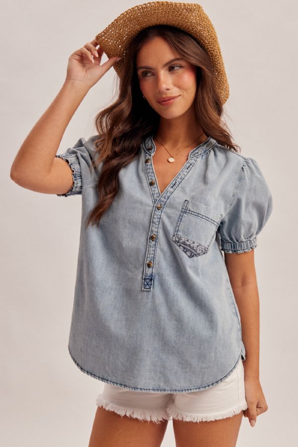 Vandana Print Patch Back Puff Denim Blouse