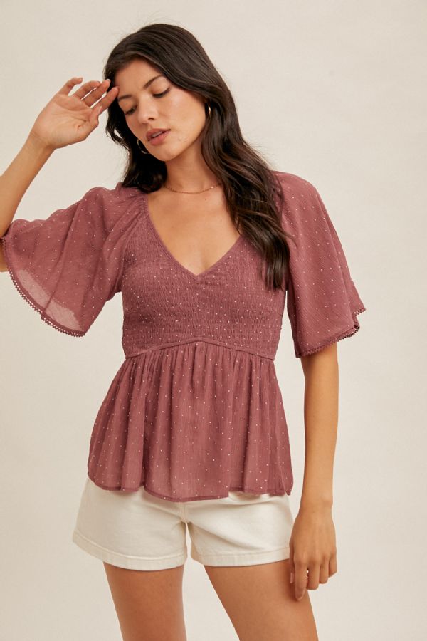 Rhinestud Flutter Sleeve Smocked Peplum Top