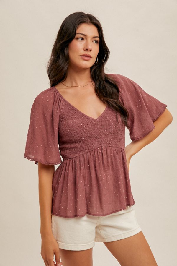 Rhinestud Flutter Sleeve Smocked Peplum Top