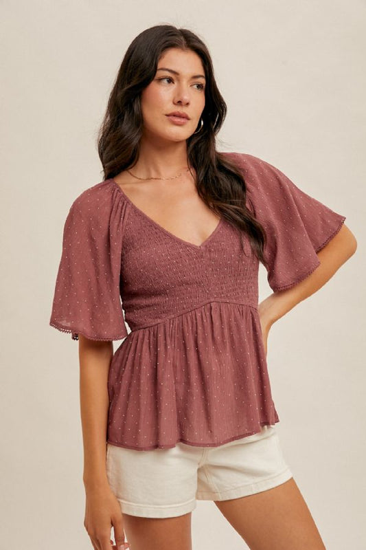 Rhinestud Flutter Sleeve Smocked Peplum Top