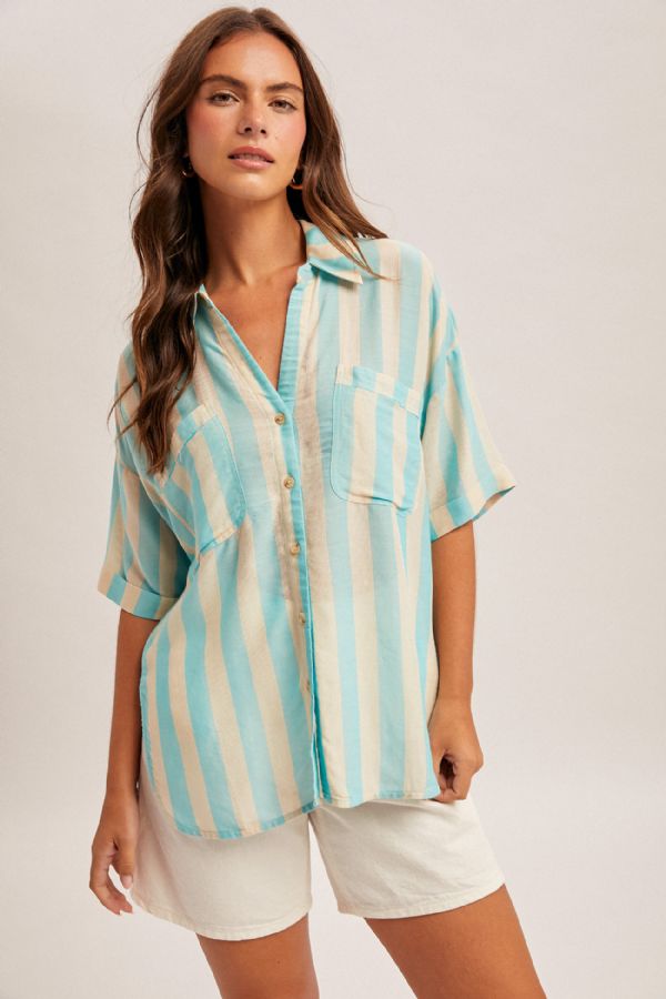 Striped Collared V Neck Relaxed Button Down Shirt