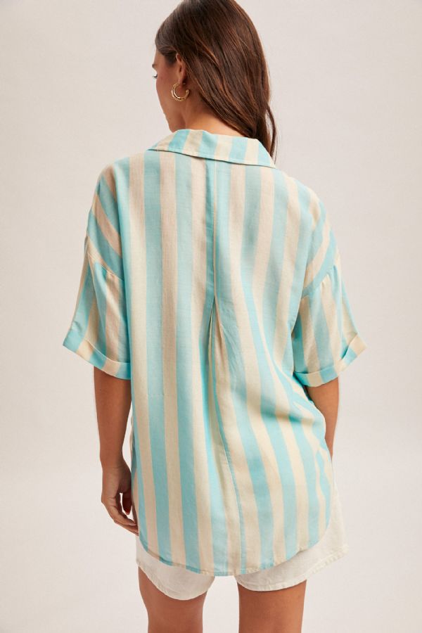 Striped Collared V Neck Relaxed Button Down Shirt