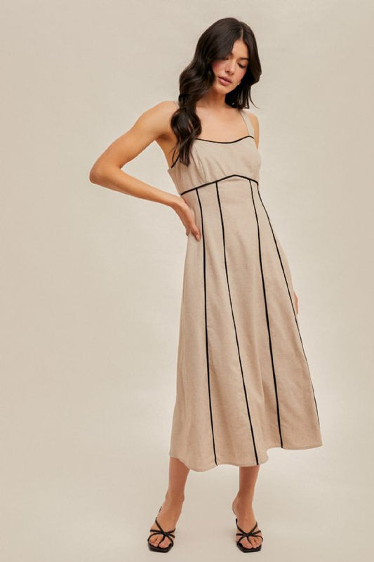 Contrast Binding Detail Linen Midi Dress