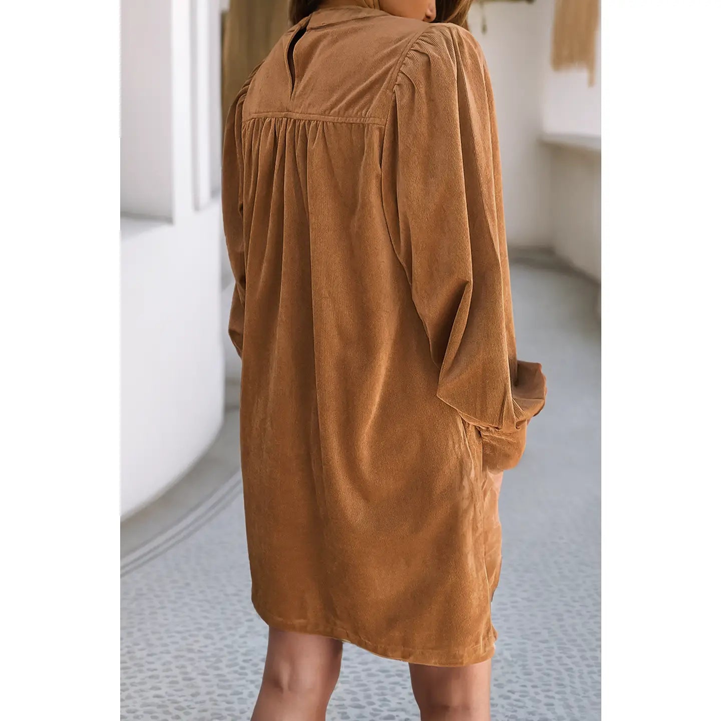 Corduroy Pleated Puff Sleeve Shift Short Dress