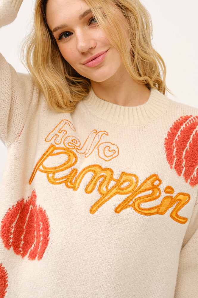 Pumpkin Textured Pullover Sweater w/ Lettering